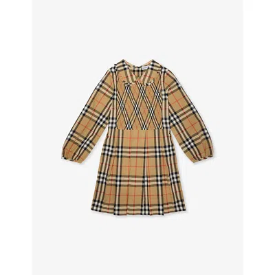 Burberry Kids' Sand Ip Check Check-print Smocked Cotton-poplin Dress 3-14 In Brown