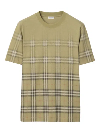 Burberry Faded Check Cotton Polo With Ribbed Collar In Green