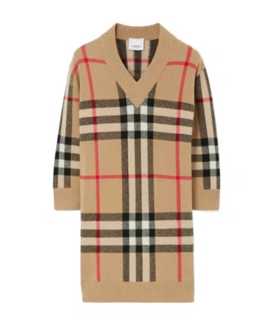 Burberry Check-print V-neck Dress In Nude