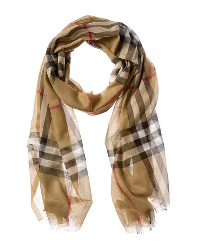 Burberry Check Print Wool & Silk-blend Scarf Archi In Beige