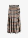 Burberry Beige Midi Skirt With Side Buckle Closure And All-over Check Motif In Wool Woman In Brown