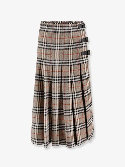 Burberry Check Print Wool Long Skirt In Brown