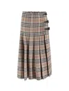Burberry Beige Midi Skirt With Side Buckle Closure And All-over Check Motif In Wool Woman In Brown