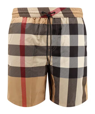 Burberry Check Printed Drawstring Swim Shorts In Black