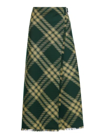 Burberry Check Printed Frayed-edge Midi Skirt In Green