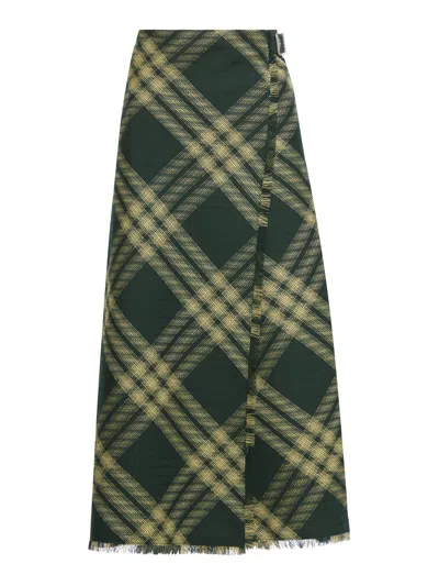 BURBERRY CHECK PRINTED FRAYED-EDGE MIDI SKIRT