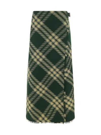 Burberry Check Printed Frayed-edge Midi Skirt In Multicolor