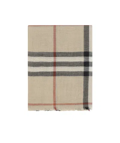 Burberry Check Printed Frayed Edge Scarf In Nude