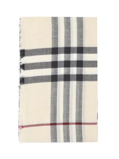 Burberry Check Printed Frayed-edge Scarf In Stone