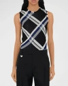 Burberry Ered Silk Knit Top With Ribbing In Black Check