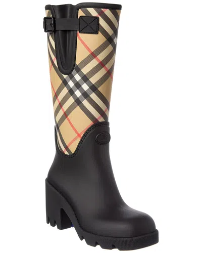 Burberry Woven Check Rain Boots With Adjustable Buckle And Equestrian Design In Black