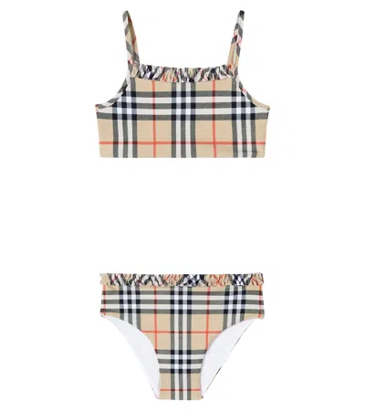 Burberry Kids'  Check Ruffled Bikini In Brown