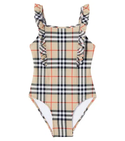 Burberry Kids'  Check Ruffled Swimsuit In Brown