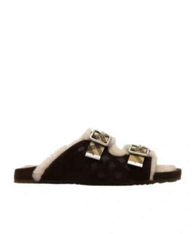 Burberry Check Shearling Urchin Sandals In Black