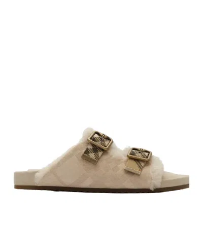 Burberry Check Shearling Urchin Sandals In Neutral