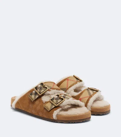 Burberry Urchin Shearling-lined Suede Dual Buckle Slide Sandals In Orange