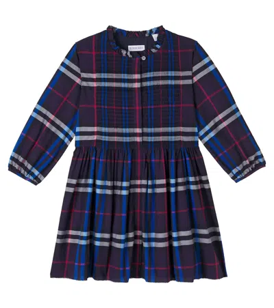 Burberry Kids'  Check Shirred Cotton Dress In Blue
