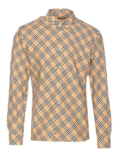 Burberry Cotton Check Shirt With Button-down Collar In Yellow