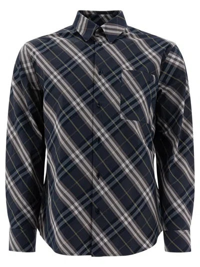 Burberry Check Button-down Shirt With Front Pocket In Blue