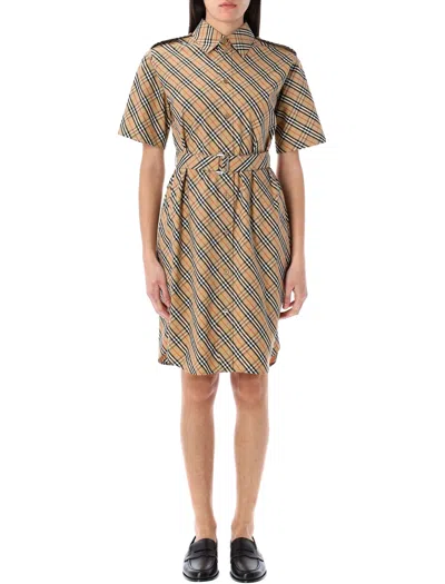 Burberry Classic Check Cotton Dress With Belted Waist In Neutral