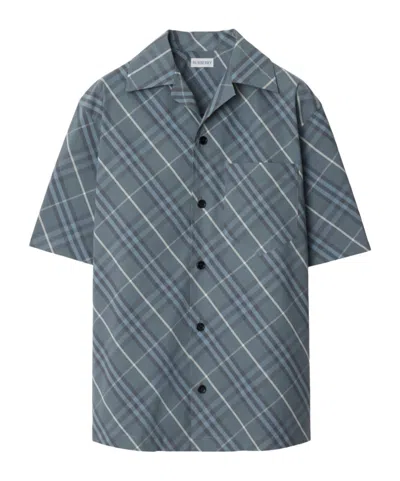 Burberry Camp-collar Checked Cotton-poplin Shirt In Blue