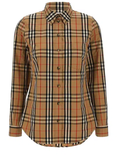 Burberry Check Stretch Cotton Shirt In Brown
