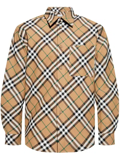 Burberry Beige Check Print Cotton Shirt In Multi
