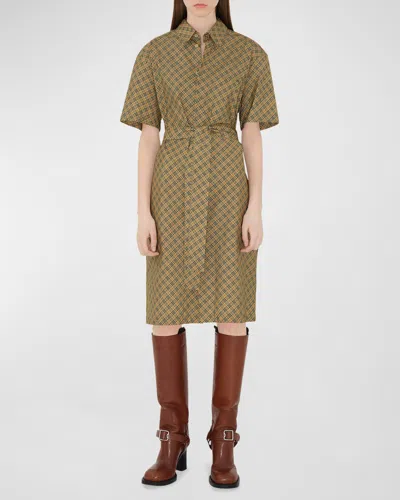 Burberry Check Short-sleeve Belted Midi Shirtdress In Light Sage Ip Check