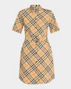 Burberry Check Short-sleeve Belted Mini Shirtdress In Brown