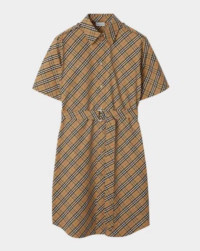 Burberry Check Short-sleeve Belted Shirtdress In Sand Ip Check