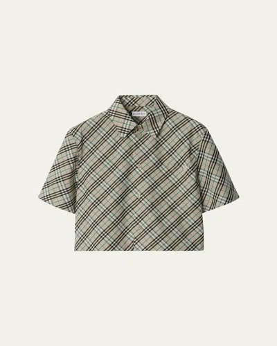 BURBERRY CHECK SHORT-SLEEVE CROP BUTTON-DOWN SHIRT