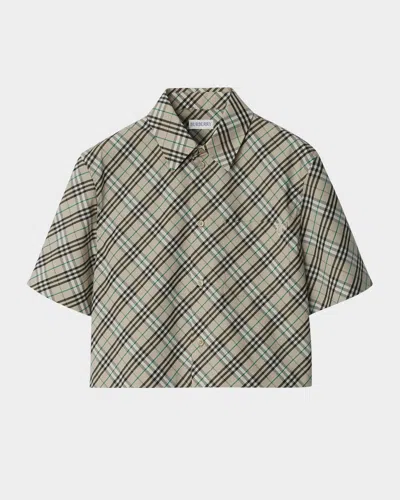 BURBERRY CHECK SHORT-SLEEVE CROP BUTTON-DOWN SHIRT