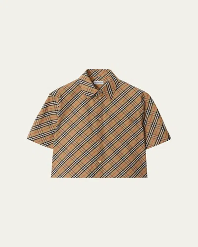 BURBERRY CHECK SHORT-SLEEVE CROP BUTTON-DOWN SHIRT