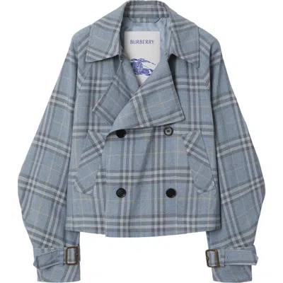Burberry Check Silk Blend Trench Jacket In Blue