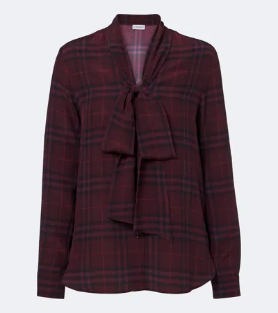 Burberry Rhiannon Silk Shirt With Check Print And Soft Bow Scarf In Burgundy