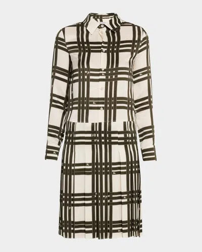 Burberry Check Silk Long-sleeve Pleated Shirtdress In Swamp Ip Pattern