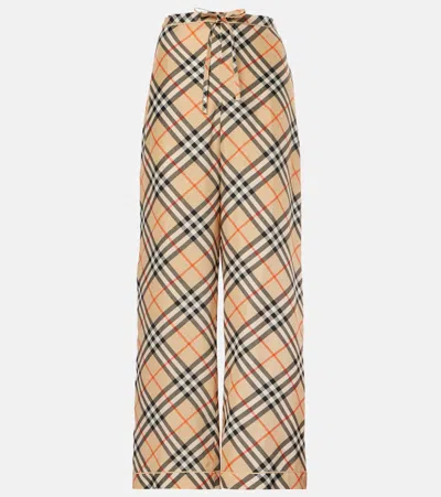 Burberry Check Silk Wide-leg Pants In Beige
