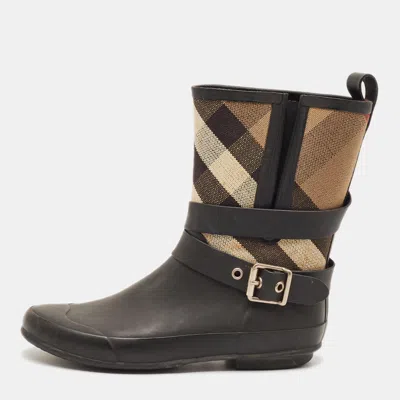 Pre-owned Burberry Check Size 38 Multicolor House Check Canvas And Rubber Rain Boots In Sand