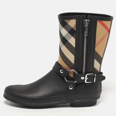 Pre-owned Burberry Check Size 39 Black Leather And Rubber Rain Boots