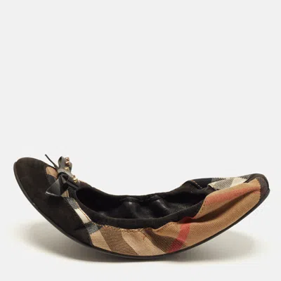 Pre-owned Burberry Check Size 40 Black/beige Canvas And Suede Ballet Flats