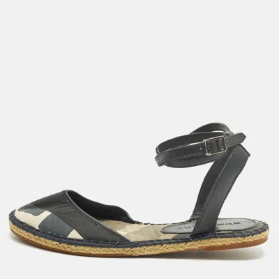 Pre-owned Burberry Check Size 41 Navy Blue/white Canvas And Leather Ankle Strap Flats