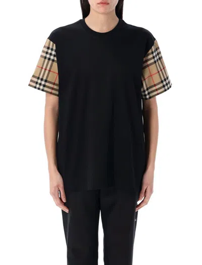 Burberry Check Sleeve Cotton T-shirt In Black