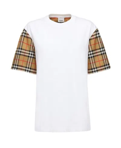 Burberry Women White T-shirt With Vintage Check Motif On The Sleeves In Cotton Woman