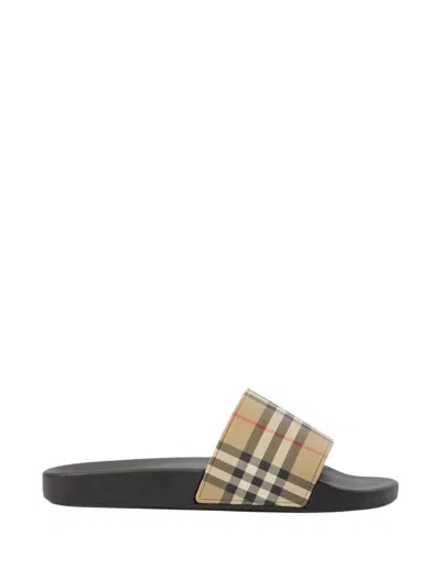 Burberry Brown Slides Sandals With Vintage Check Motif In Polyurethane In Multi