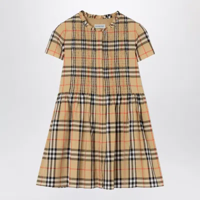 Burberry Check Smocked Cotton Dress In Brown