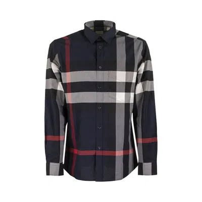 Pre-owned Burberry Check Stretch Cotton Poplin Shirt 'navy' | Blue | Men's Size M
