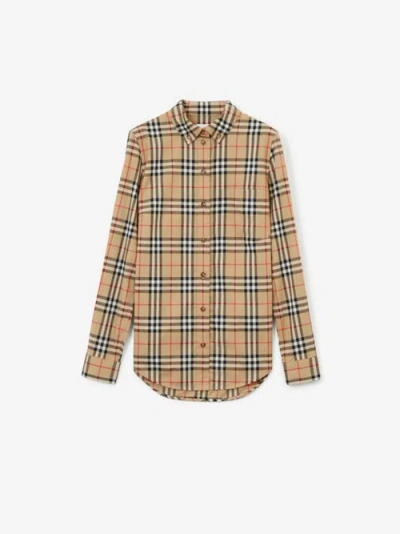 Burberry Check Stretch Cotton Shirt In Brown