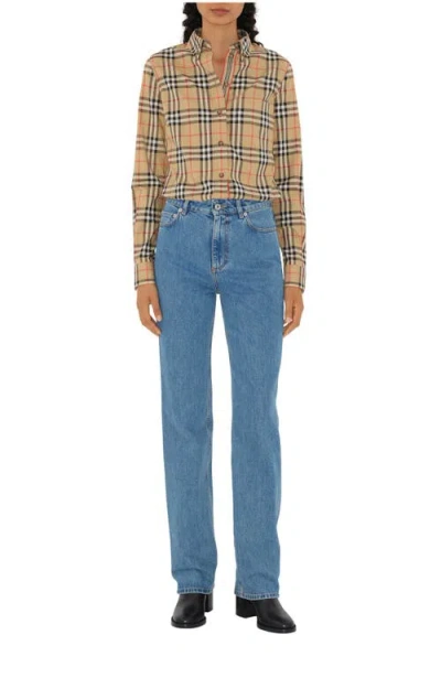 Burberry Check Stretch Cotton Shirt In Brown