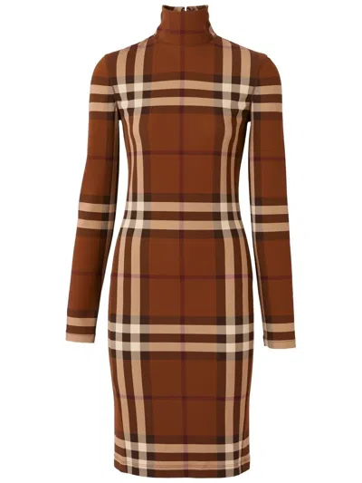 Burberry Check Stretch Jersey Funnel-neck Dress In Brown