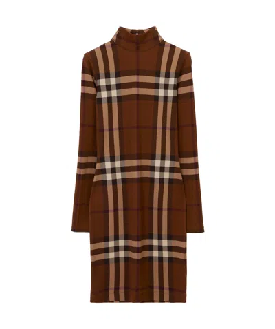 Burberry Gemma Check Long Sleeve Stretch Jersey Dress In Dark Birch Brown